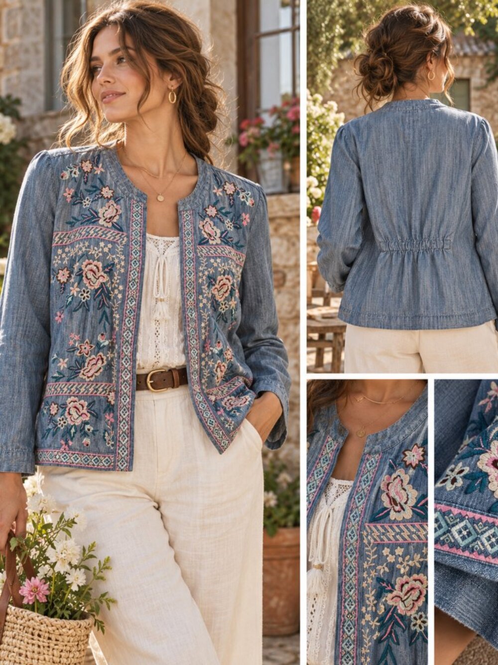 J.Jill Blue Floral Embroidered Chambray Open Front Boho Jacket L Cotton